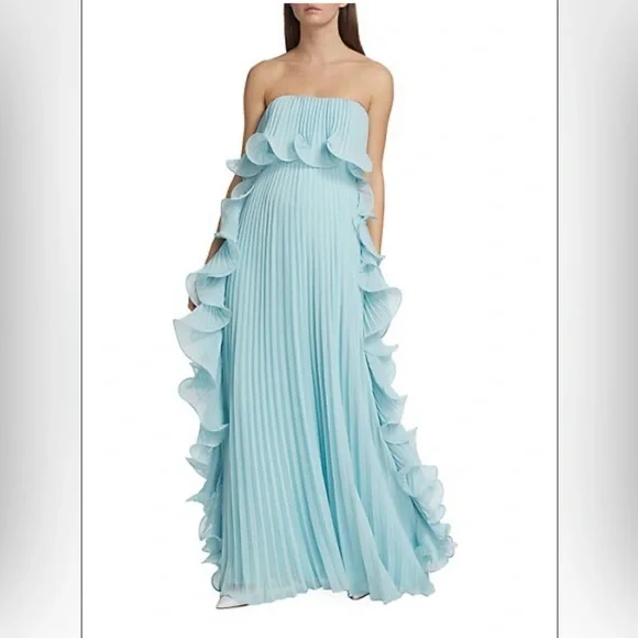 open lace back dress Ruffle One-Shoulder Pleated Evening Gown by Badgley Mischka